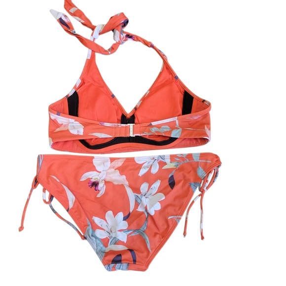 Athleta Floral Halter Bikini Set M Top L Bottom Coral Tropical Swim - Picture 5 of 13